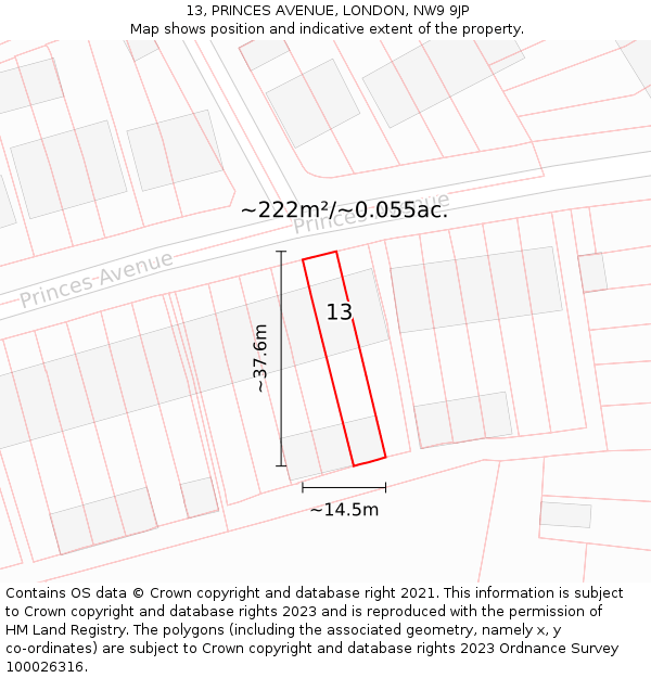 13, PRINCES AVENUE, LONDON, NW9 9JP: Plot and title map