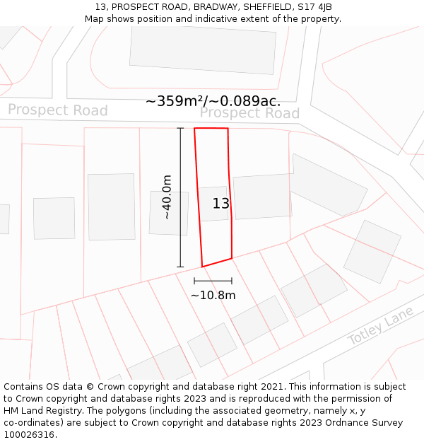 13, PROSPECT ROAD, BRADWAY, SHEFFIELD, S17 4JB: Plot and title map