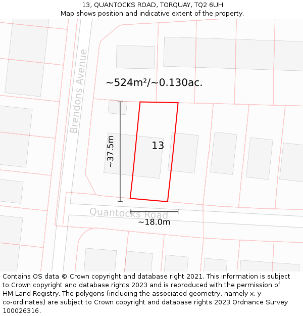 13, QUANTOCKS ROAD, TORQUAY, TQ2 6UH: Plot and title map