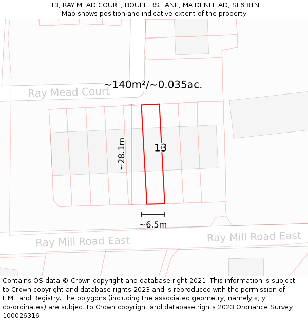13, RAY MEAD COURT, BOULTERS LANE, MAIDENHEAD, SL6 8TN: Plot and title map