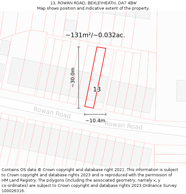 13, ROWAN ROAD, BEXLEYHEATH, DA7 4BW: Plot and title map