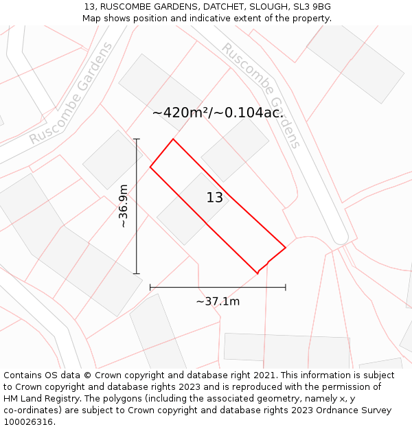13, RUSCOMBE GARDENS, DATCHET, SLOUGH, SL3 9BG: Plot and title map