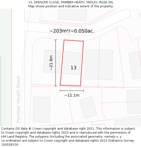 13, SPENCER CLOSE, PAMBER HEATH, TADLEY, RG26 3XL: Plot and title map