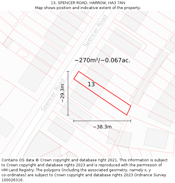 13, SPENCER ROAD, HARROW, HA3 7AN: Plot and title map