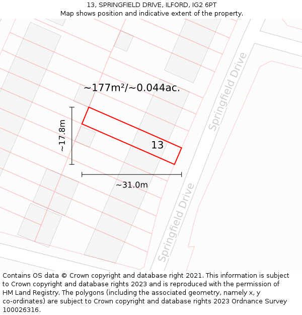 13, SPRINGFIELD DRIVE, ILFORD, IG2 6PT: Plot and title map