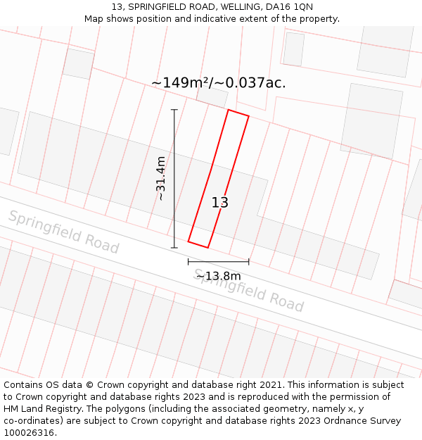 13, SPRINGFIELD ROAD, WELLING, DA16 1QN: Plot and title map