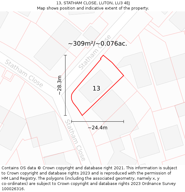 13, STATHAM CLOSE, LUTON, LU3 4EJ: Plot and title map
