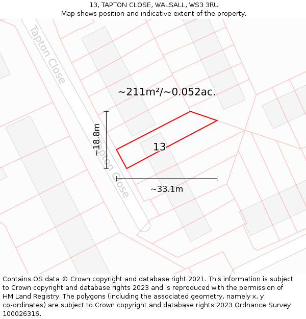 13, TAPTON CLOSE, WALSALL, WS3 3RU: Plot and title map