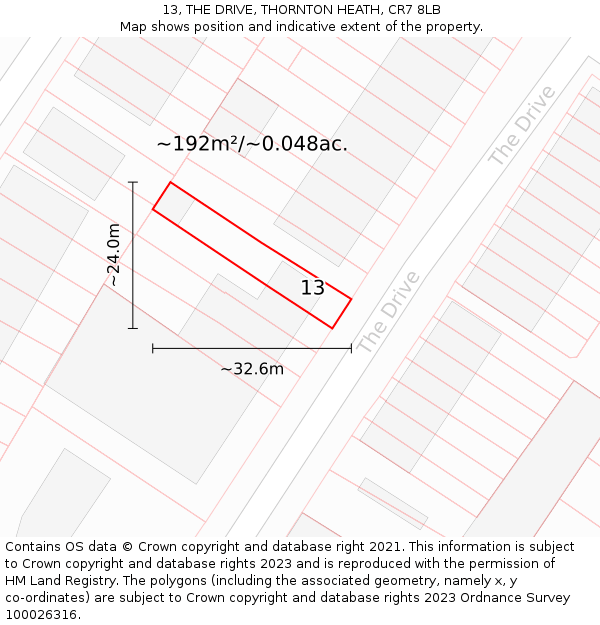 13, THE DRIVE, THORNTON HEATH, CR7 8LB: Plot and title map