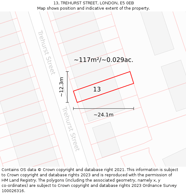 13, TREHURST STREET, LONDON, E5 0EB: Plot and title map