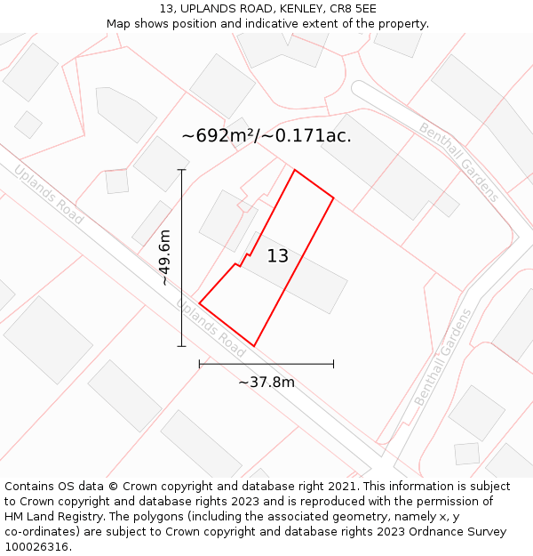 13, UPLANDS ROAD, KENLEY, CR8 5EE: Plot and title map
