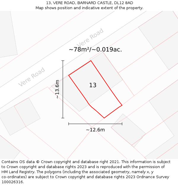 13, VERE ROAD, BARNARD CASTLE, DL12 8AD: Plot and title map