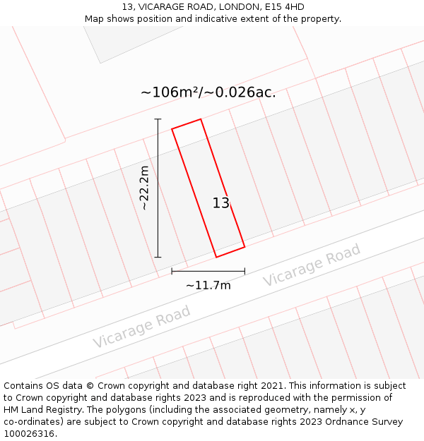 13, VICARAGE ROAD, LONDON, E15 4HD: Plot and title map
