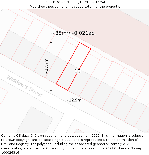 13, WIDDOWS STREET, LEIGH, WN7 2AE: Plot and title map