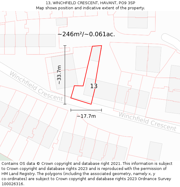 13, WINCHFIELD CRESCENT, HAVANT, PO9 3SP: Plot and title map