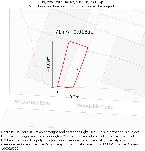 13, WOODSIDE ROAD, SIDCUP, DA15 7JG: Plot and title map