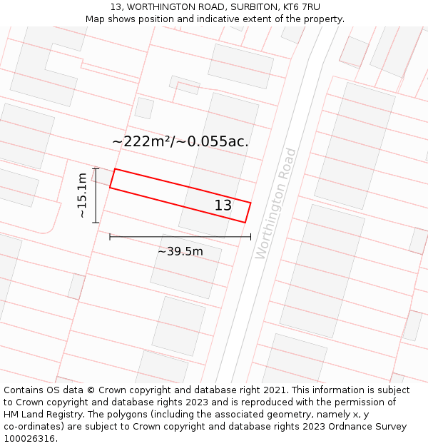 13, WORTHINGTON ROAD, SURBITON, KT6 7RU: Plot and title map