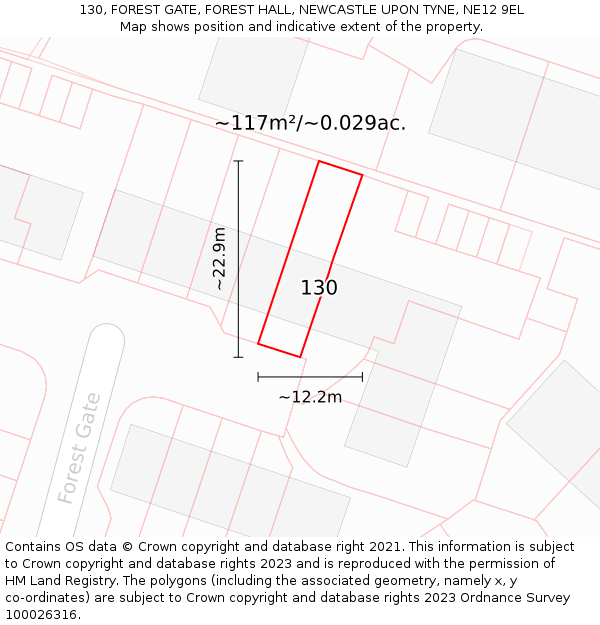 130, FOREST GATE, FOREST HALL, NEWCASTLE UPON TYNE, NE12 9EL: Plot and title map