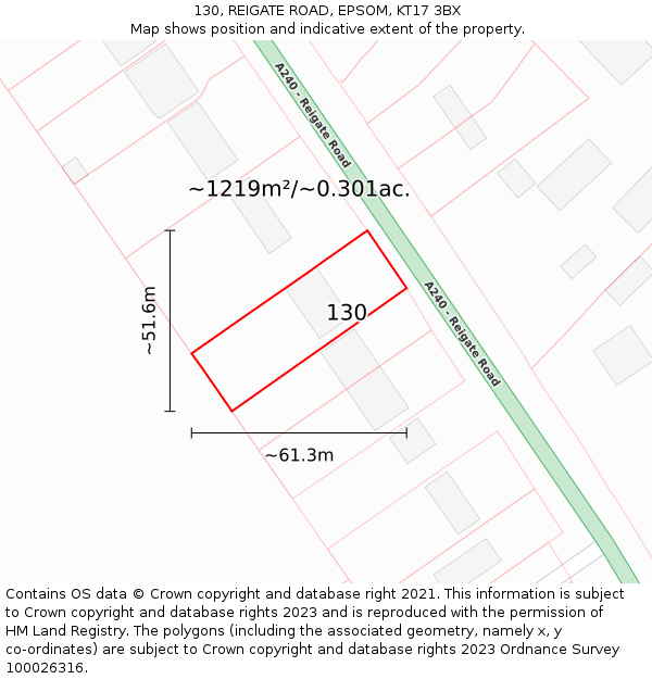 130, REIGATE ROAD, EPSOM, KT17 3BX: Plot and title map