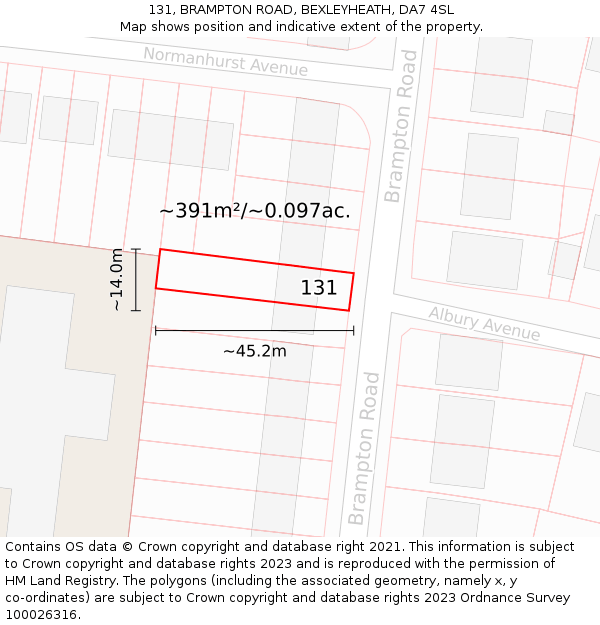 131, BRAMPTON ROAD, BEXLEYHEATH, DA7 4SL: Plot and title map