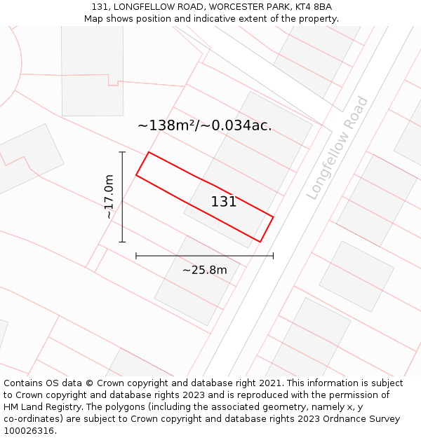 131, LONGFELLOW ROAD, WORCESTER PARK, KT4 8BA: Plot and title map