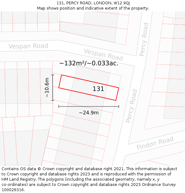 131, PERCY ROAD, LONDON, W12 9QJ: Plot and title map