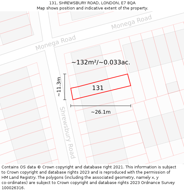 131, SHREWSBURY ROAD, LONDON, E7 8QA: Plot and title map