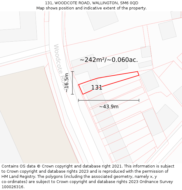 131, WOODCOTE ROAD, WALLINGTON, SM6 0QD: Plot and title map