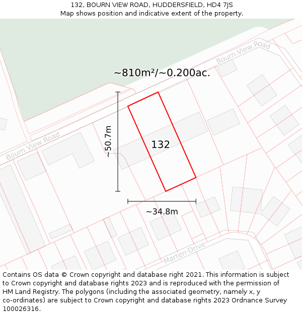 132, BOURN VIEW ROAD, HUDDERSFIELD, HD4 7JS: Plot and title map