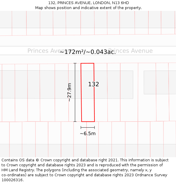 132, PRINCES AVENUE, LONDON, N13 6HD: Plot and title map