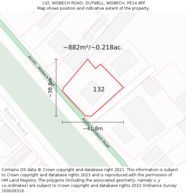 132, WISBECH ROAD, OUTWELL, WISBECH, PE14 8PF: Plot and title map