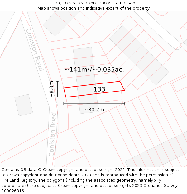 133, CONISTON ROAD, BROMLEY, BR1 4JA: Plot and title map