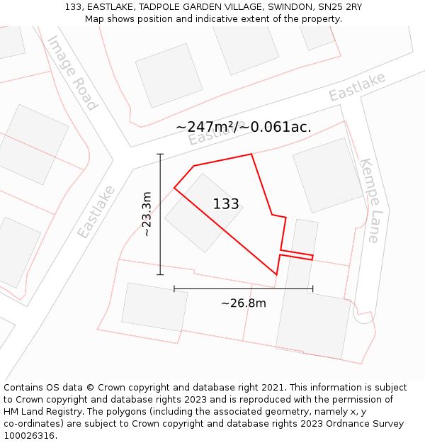 133, EASTLAKE, TADPOLE GARDEN VILLAGE, SWINDON, SN25 2RY: Plot and title map