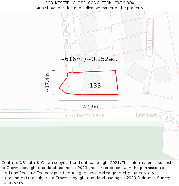 133, KESTREL CLOSE, CONGLETON, CW12 3QX: Plot and title map