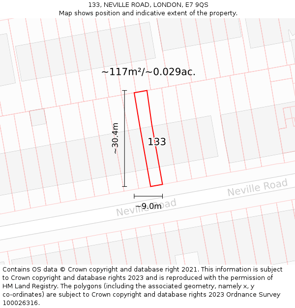 133, NEVILLE ROAD, LONDON, E7 9QS: Plot and title map