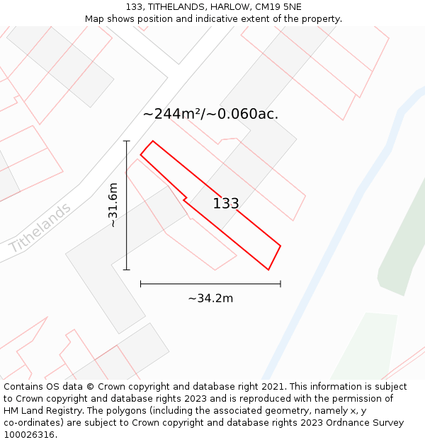 133, TITHELANDS, HARLOW, CM19 5NE: Plot and title map