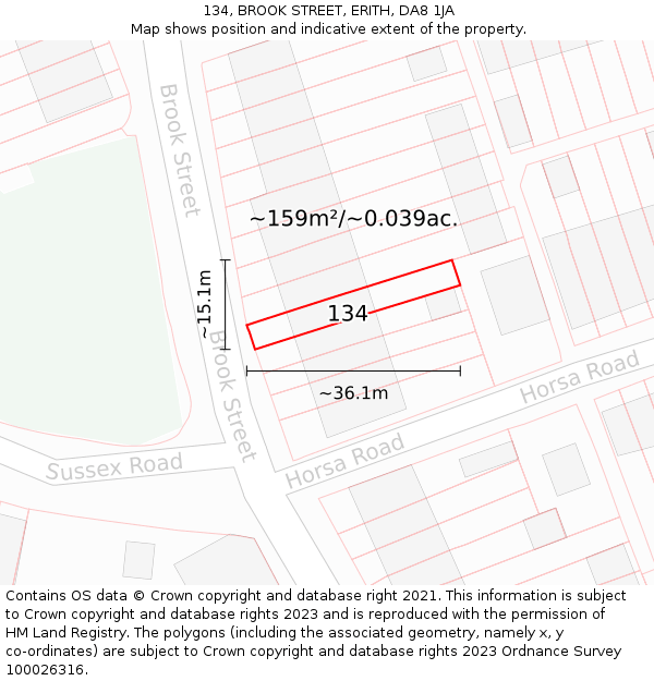 134, BROOK STREET, ERITH, DA8 1JA: Plot and title map