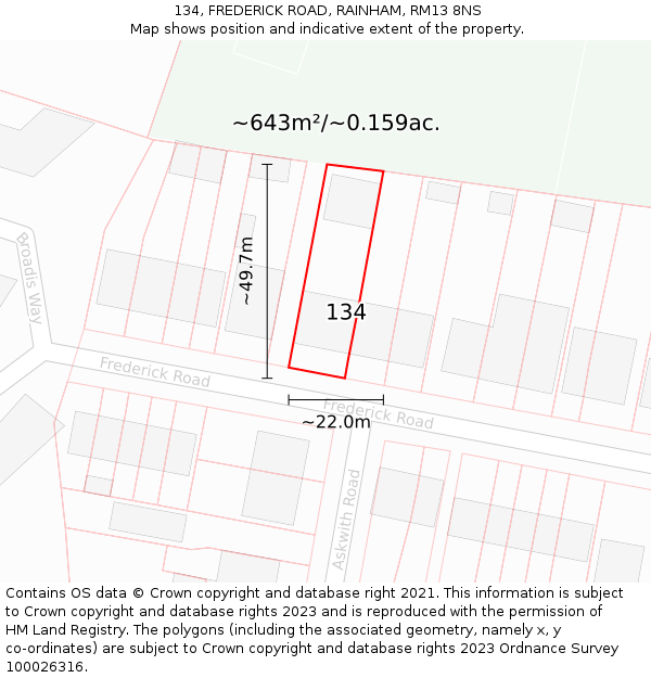 134, FREDERICK ROAD, RAINHAM, RM13 8NS: Plot and title map