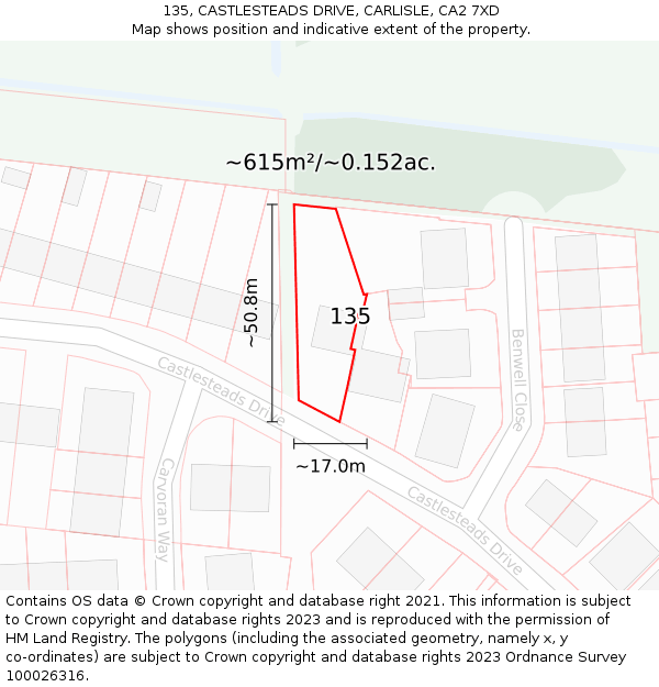 135, CASTLESTEADS DRIVE, CARLISLE, CA2 7XD: Plot and title map