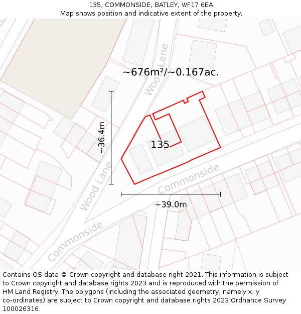 135, COMMONSIDE, BATLEY, WF17 6EA: Plot and title map