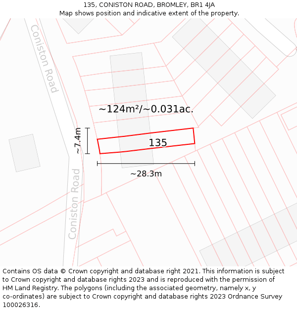 135, CONISTON ROAD, BROMLEY, BR1 4JA: Plot and title map