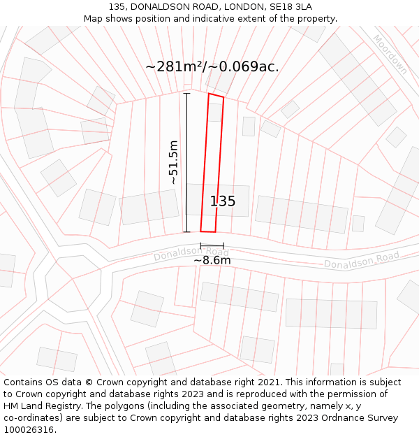 135, DONALDSON ROAD, LONDON, SE18 3LA: Plot and title map