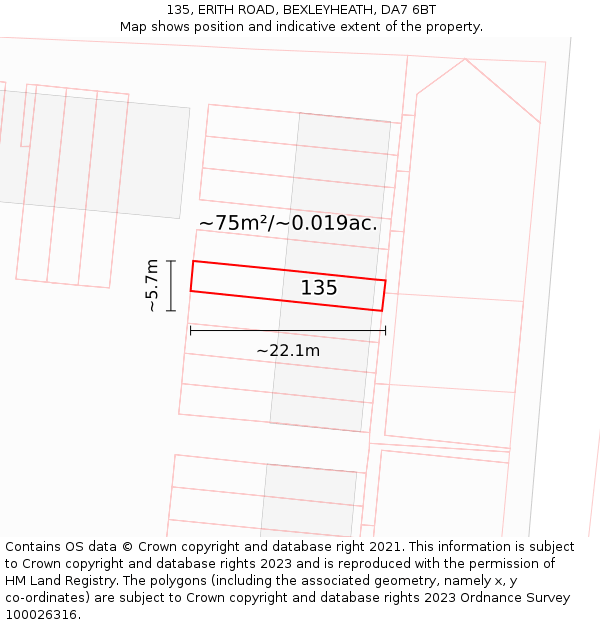 135, ERITH ROAD, BEXLEYHEATH, DA7 6BT: Plot and title map