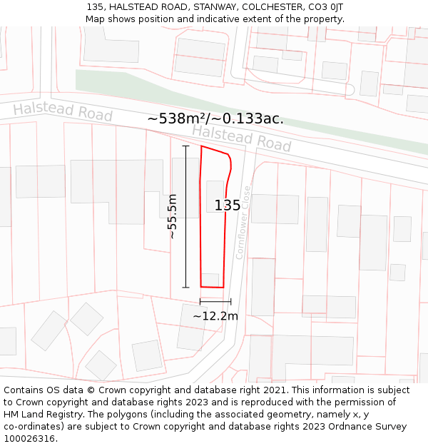 135, HALSTEAD ROAD, STANWAY, COLCHESTER, CO3 0JT: Plot and title map
