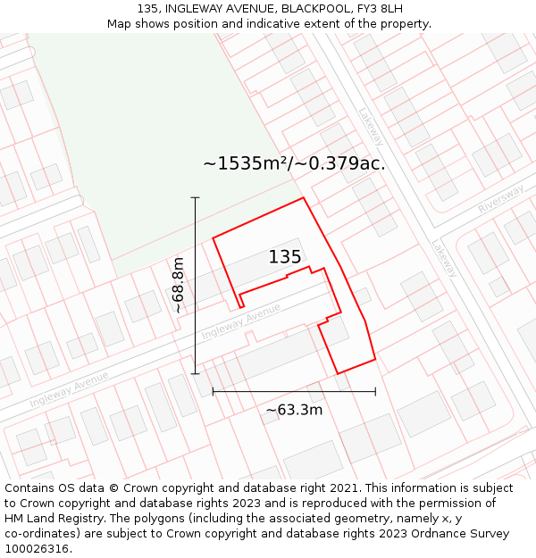 135, INGLEWAY AVENUE, BLACKPOOL, FY3 8LH: Plot and title map