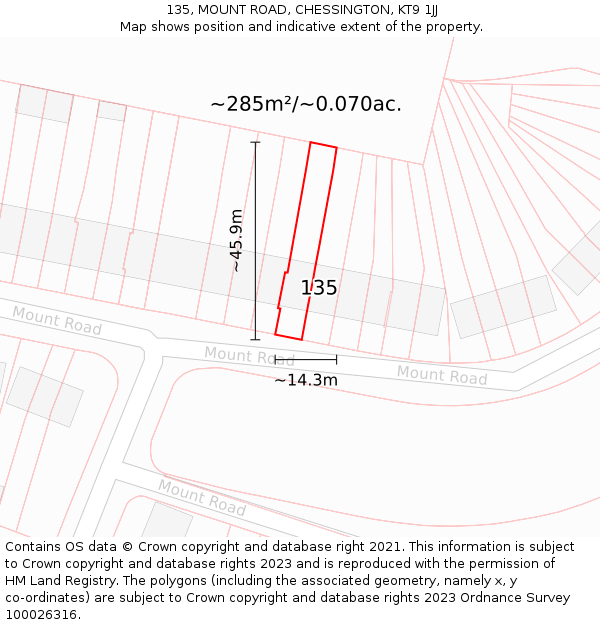 135, MOUNT ROAD, CHESSINGTON, KT9 1JJ: Plot and title map