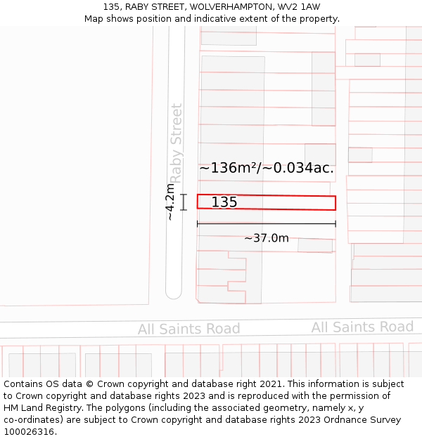 135, RABY STREET, WOLVERHAMPTON, WV2 1AW: Plot and title map