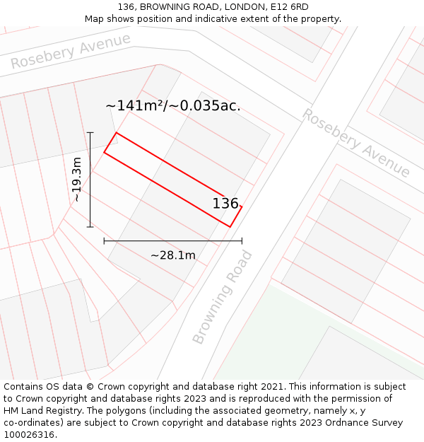 136, BROWNING ROAD, LONDON, E12 6RD: Plot and title map
