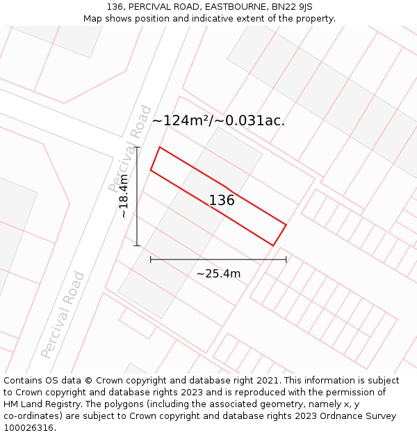 136, PERCIVAL ROAD, EASTBOURNE, BN22 9JS: Plot and title map