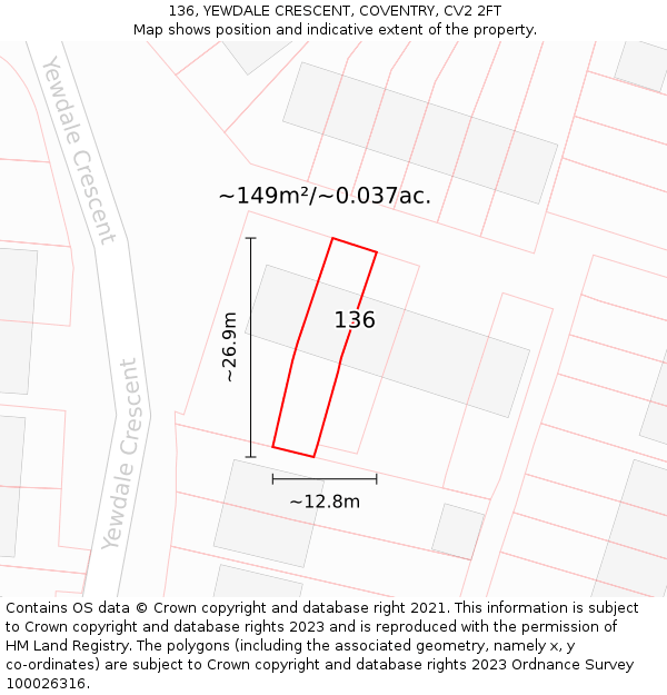 136, YEWDALE CRESCENT, COVENTRY, CV2 2FT: Plot and title map